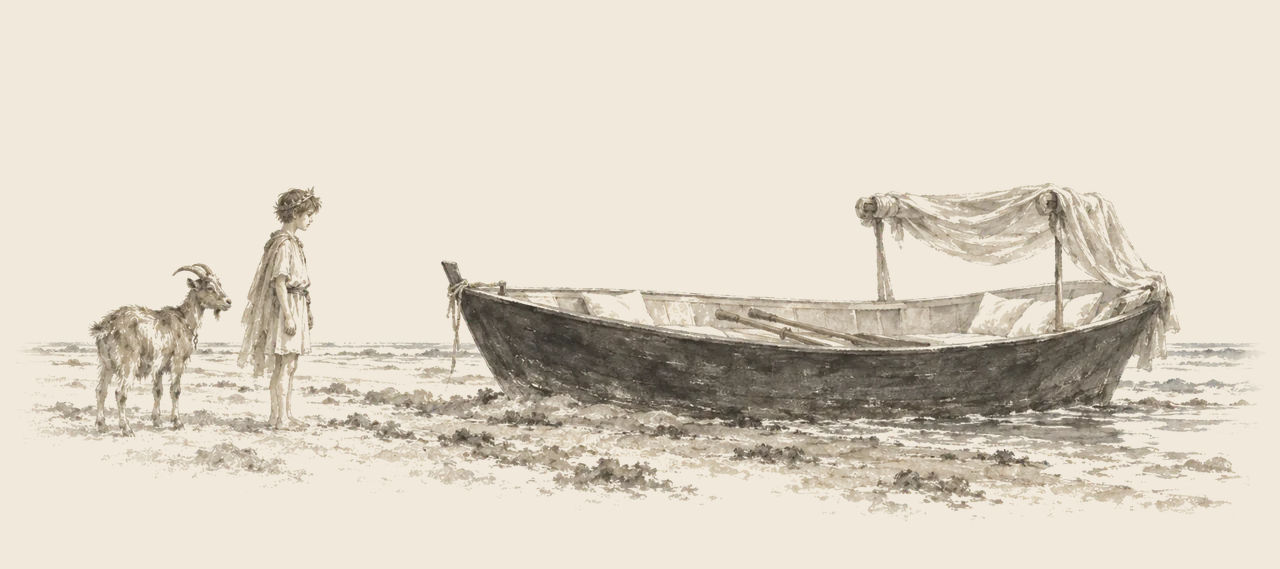Prince Inga and Bilbil stand on the beach looking at a roomy black boat with white cushions, two oars and a canopy of silver cloth.