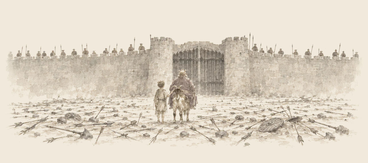 Prince Inga, one hand on Bilbil, stands before an iron-barred city gate with King Rinkitink astride the goat, the ground thick with fallen arrows.