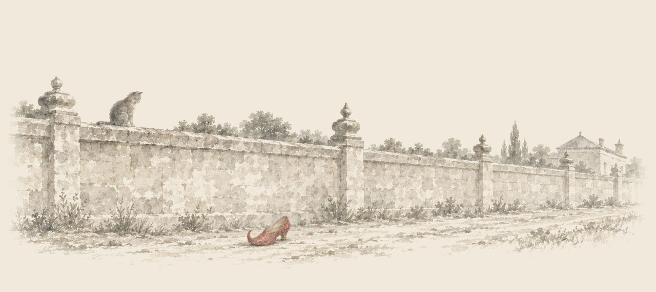 A cat sits on top of a long stone wall beside a road, where one small pointed red shoe lies in the dust.