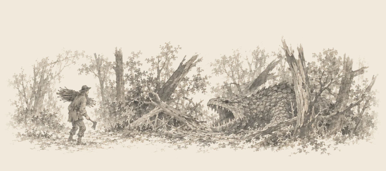 A charcoal-burner with an axe and a bundle of sticks stops short on a forest path as a huge scaly beast with open jaws crouches among broken trees.