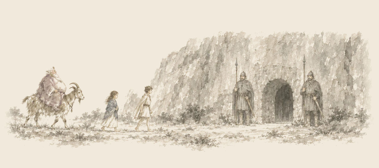 Prince Inga, Zella and King Rinkitink on Bilbil walk toward a low arched opening in a wall of rock, with an armed guard on each side.