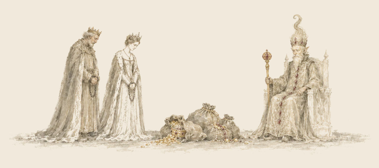 King Kaliko sits on an ivory throne holding a jewelled sceptre, while King Kitticut and Queen Garee stand in chains before bags of gold and jewels.