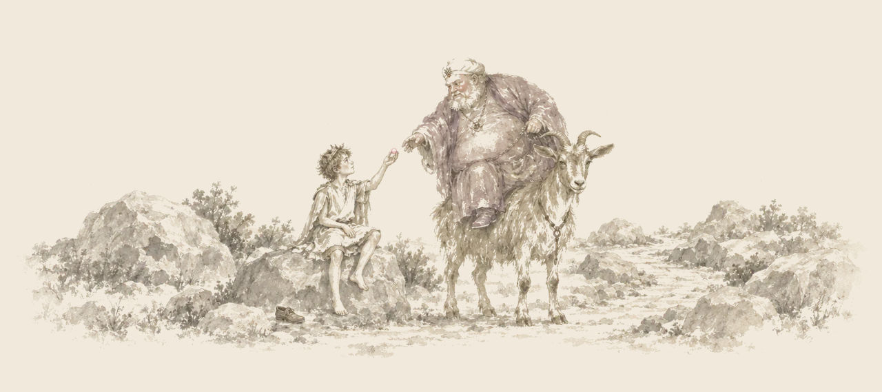 Prince Inga, seated on a rock with one shoe off, holds up a pink pearl to King Rinkitink, who leans down from Bilbil's back to take it.