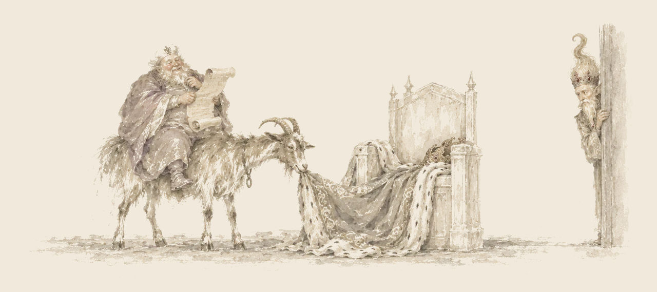 King Rinkitink reads a scroll on Bilbil's back while the goat chews the robe over an empty ivory throne; King Kaliko peers round a doorway.