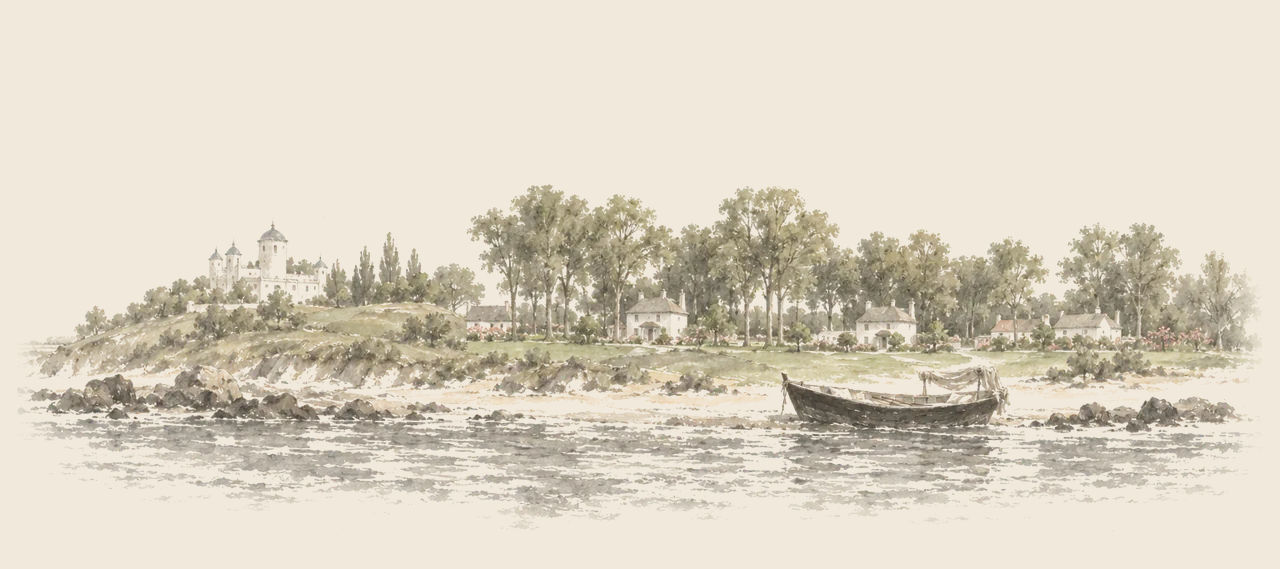 The island of Pingaree seen from the water, with new houses under tall trees, a white palace on the hill and a black boat lying empty on the beach.