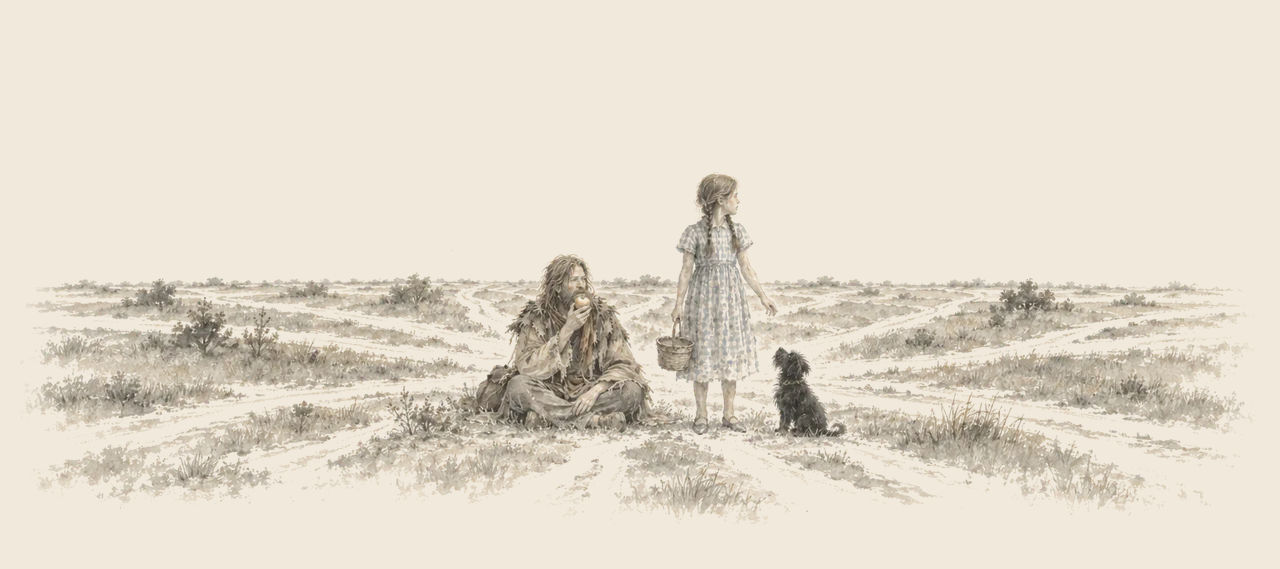 The Shaggy Man sits eating an apple where many roads meet on the open prairie, while Dorothy, with a basket, looks away down them and Toto sits beside her.