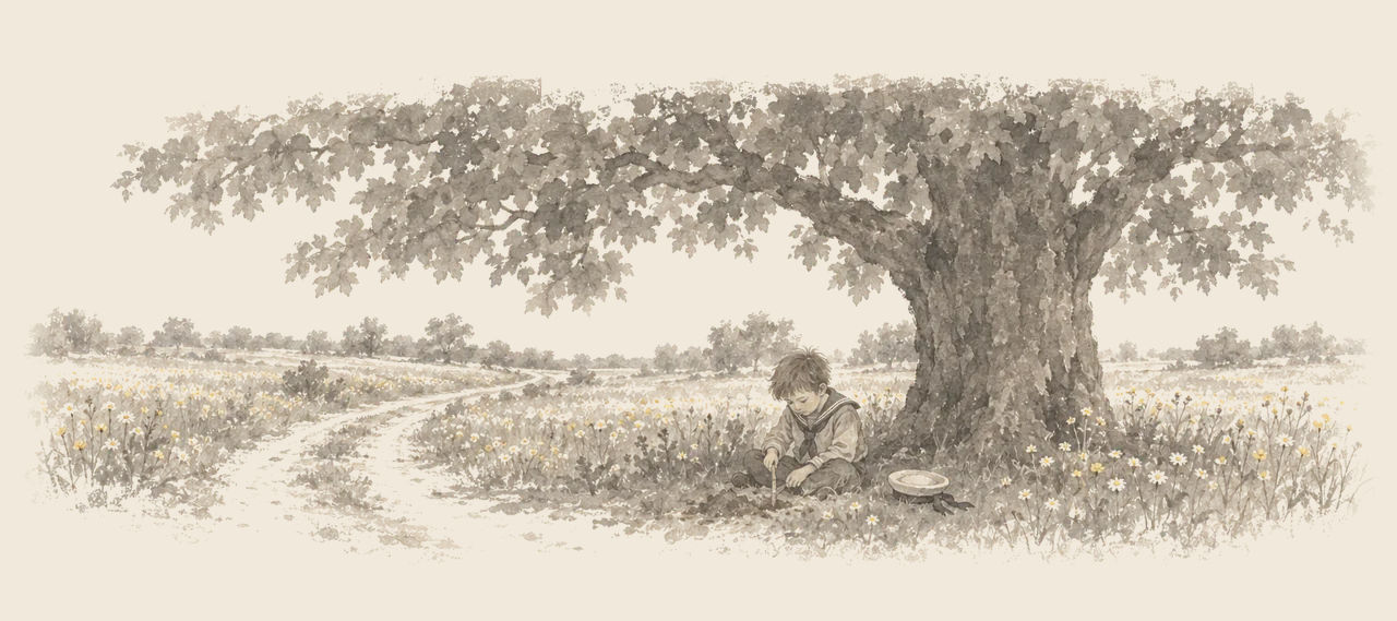 Button-Bright sits in the shade of a big chestnut tree digging with a stick, his sailor hat beside him, among daisies by a winding road.