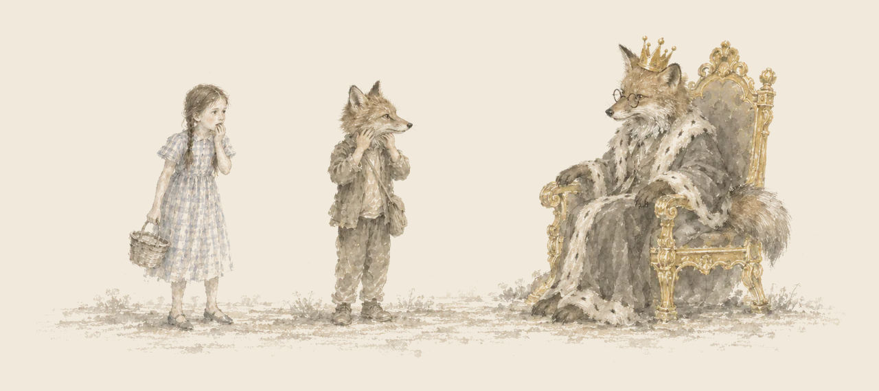 King Dox, a fox in spectacles and an ermine robe, sits on a golden throne while Dorothy looks on and Button-Bright, now fox-headed, feels his face.