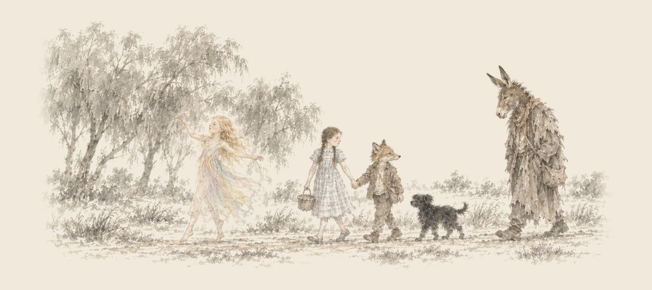 Polychrome dances ahead of Dorothy, who leads the fox-headed Button-Bright by the hand, with Toto and a donkey-headed Shaggy Man following.