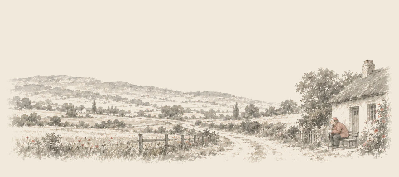 The Musicker, a little fat man in a round cap, sits on a bench by the door of his cottage, leaning on a cane, with a valley and winding road beyond.