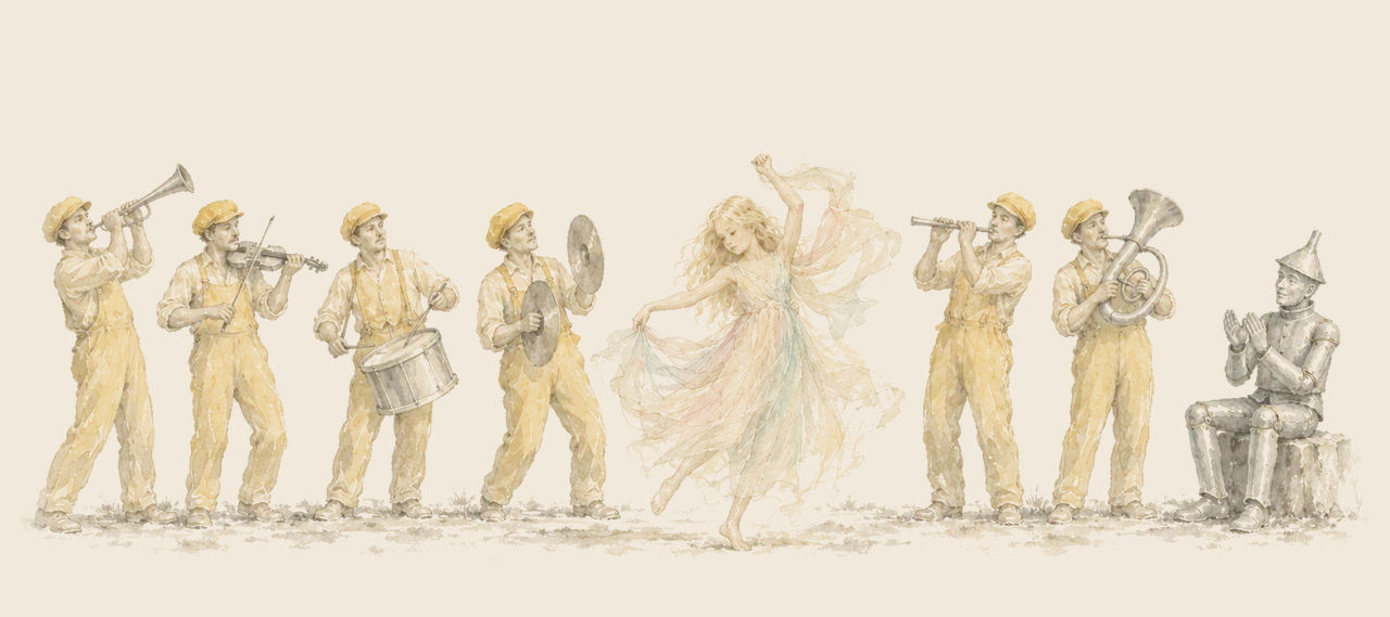 Winkie musicians in yellow overalls play trumpets, a fiddle, drums, cymbals, a flute and a horn while Polychrome dances and the Tin Woodman sits clapping.