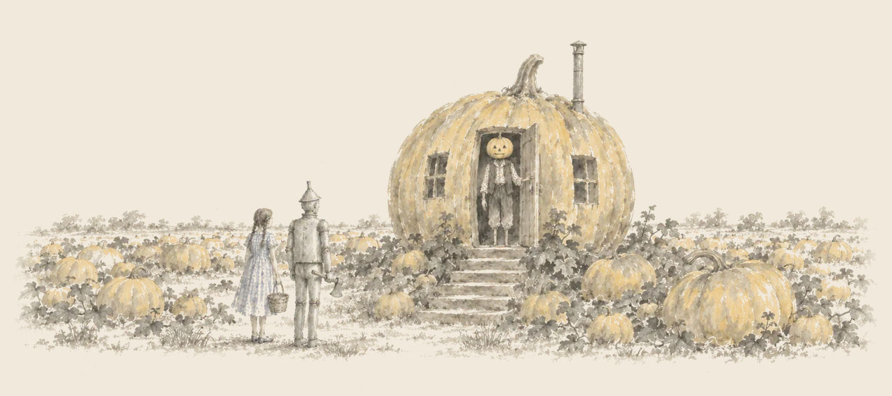 Dorothy and the Tin Woodman stand in a pumpkin field before a huge pumpkin house, where Jack Pumpkinhead waits in the open doorway.