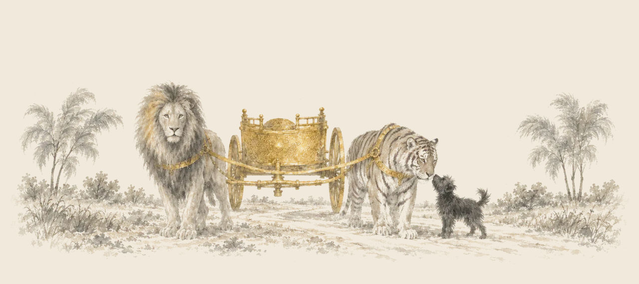 The Cowardly Lion and the Hungry Tiger stand harnessed to Ozma's empty golden chariot while Toto reaches up to sniff the Tiger's nose.