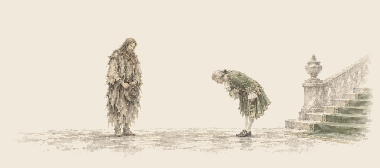 The Shaggy Man stands in a hall holding his hat in both hands while a servant in a green court coat bows low to him; a carpeted staircase rises at the right.