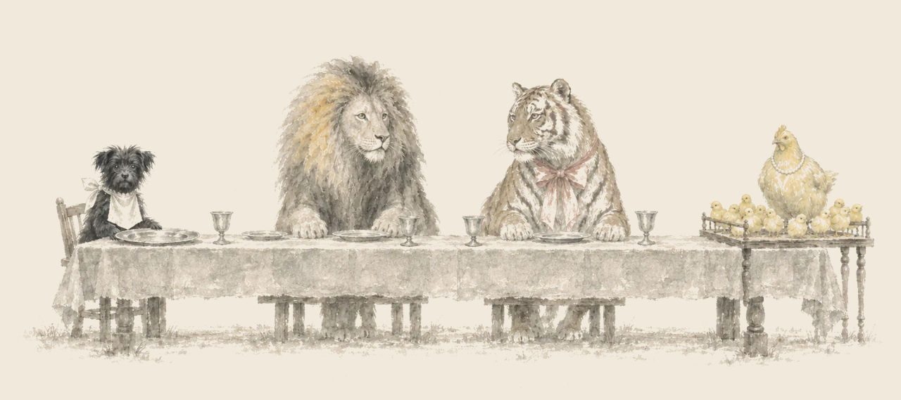 Toto in a bib, the Cowardly Lion and the Hungry Tiger sit at a long table, and Billina the hen and her ten chicks stand on a small stand at the end.