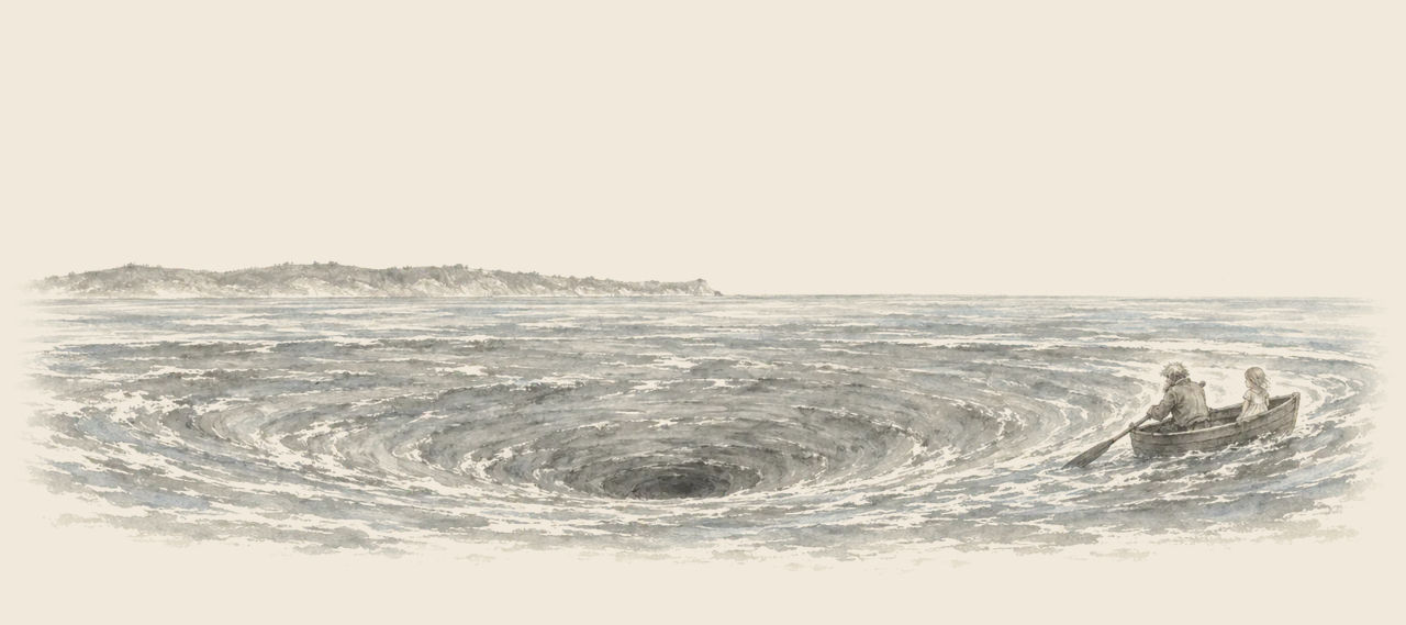 Cap'n Bill rows a small boat with Trot in the stern at the edge of a vast whirlpool, a dark hole at its centre; a headland lies far off.