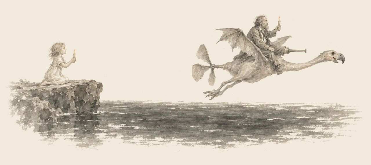 Trot kneels on a rock ledge holding a candle as the Ork flies out over black water with Cap'n Bill on its back, a candle in his hand.