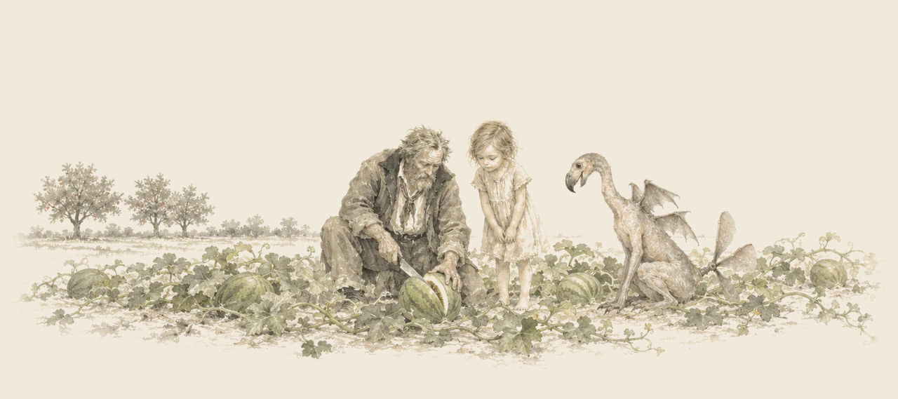 Cap'n Bill cuts open a melon with a jackknife among the vines, Trot beside him, while the Ork sits on its haunches and watches.