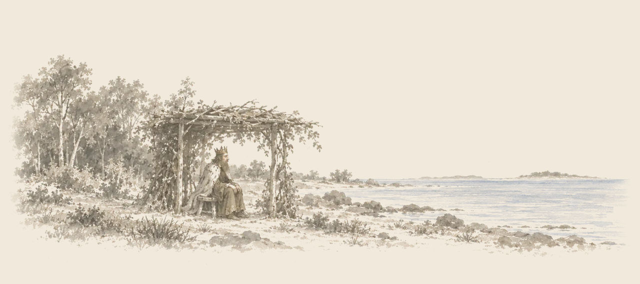 Pessim, a crowned man with a long beard, sits still on a stool under a roof of boughs, looking out over the sea.