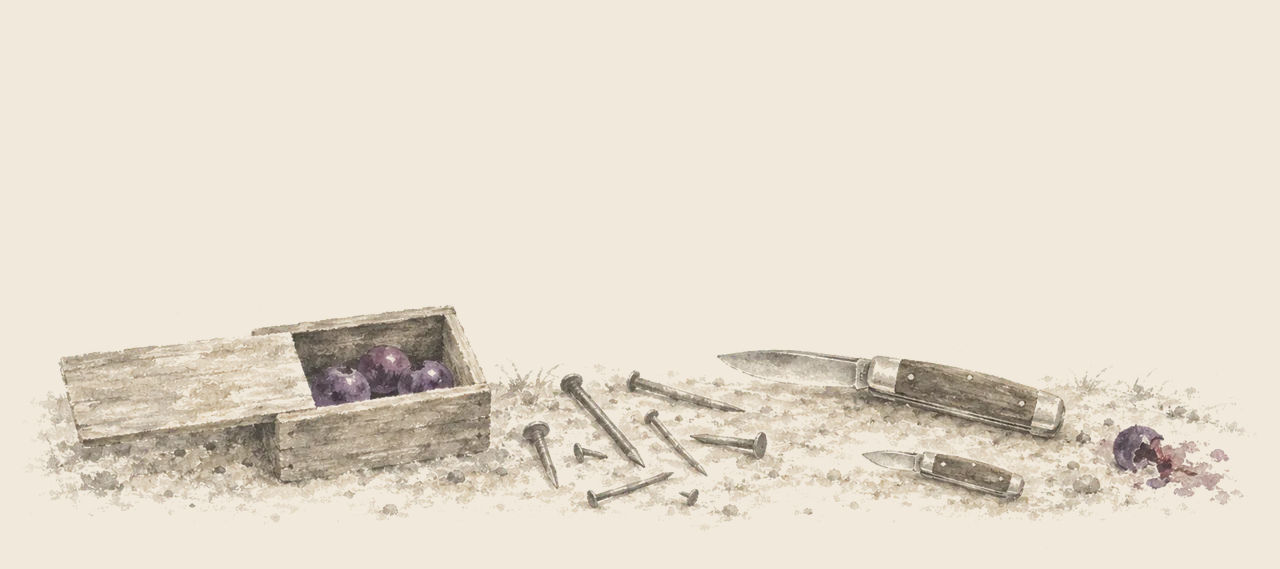 A wooden box holds three purple berries; beside it lie scattered nails, two jackknives and a crushed purple berry.