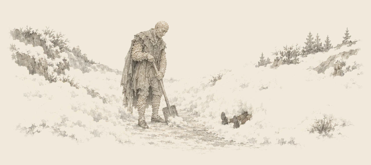 The Bumpy Man stands in a shovelled path through deep snow, looking at two feet in buckled shoes sticking out of a snowbank.