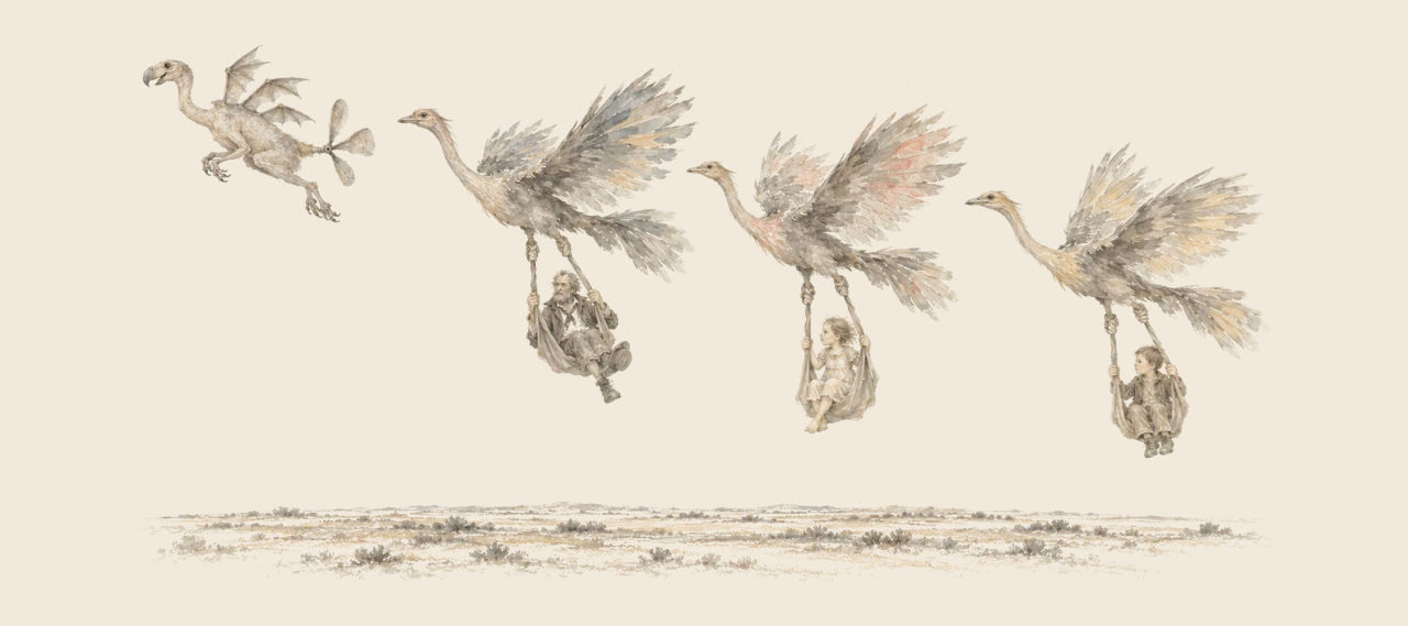The Ork leads three great long-necked birds through the air over a sandy waste, carrying Cap'n Bill, Trot and Button-Bright in cloth swings.