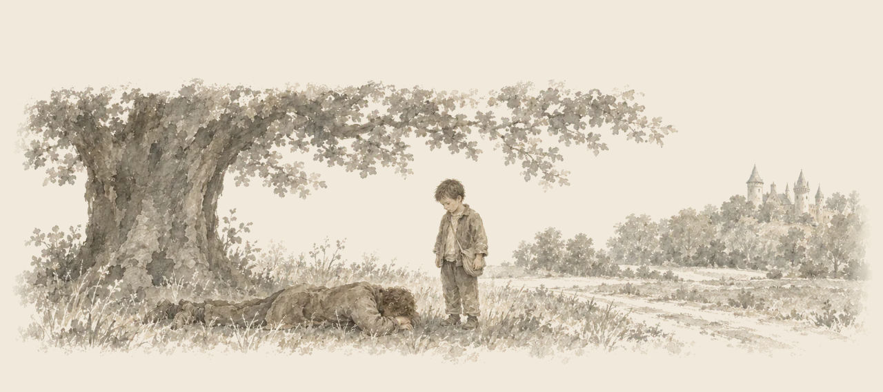 Button-Bright stands under a broad tree looking down at Pon, who lies on his face in the grass; a castle rises beyond the trees.