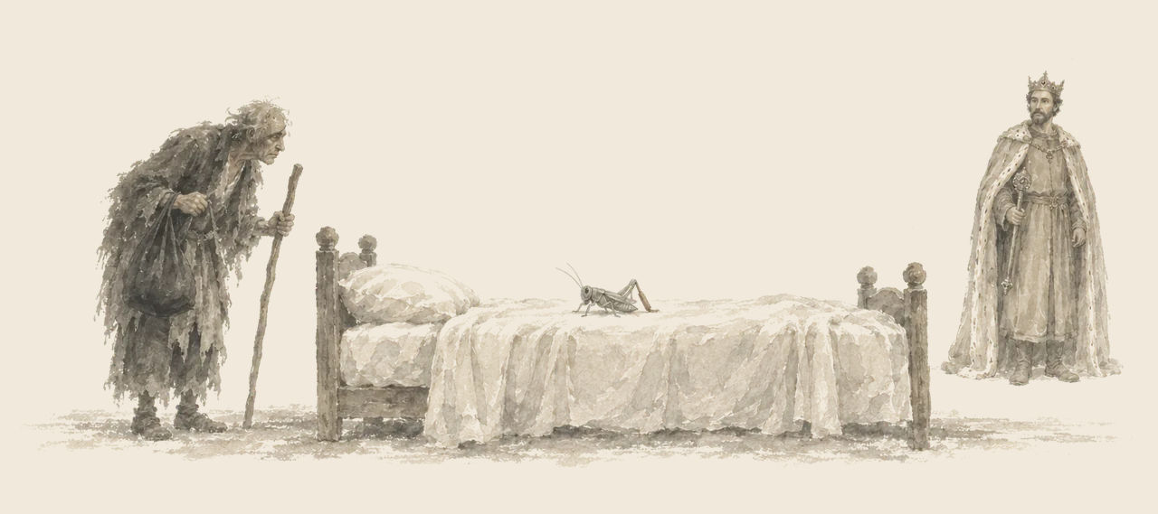Blinkie, bent and ragged with a stick and a black bag, peers at a grasshopper with a wooden leg on a bed; King Krewl stands far off.