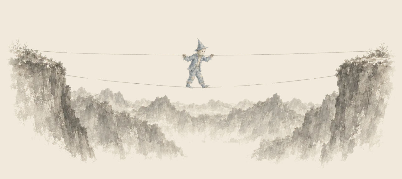 The Scarecrow walks along a spider-web thread over a deep gulf, holding a second thread above him, with mountains behind.