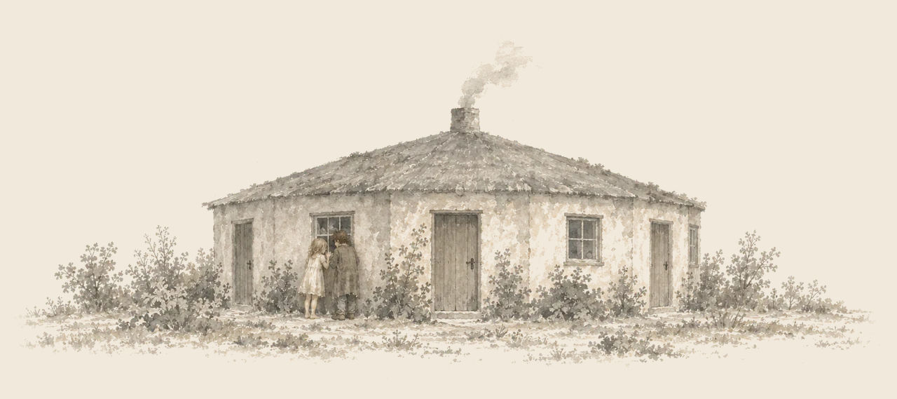 Trot and Pon peer through a window of an eight-sided house with a door in each side and smoke rising from its chimney.