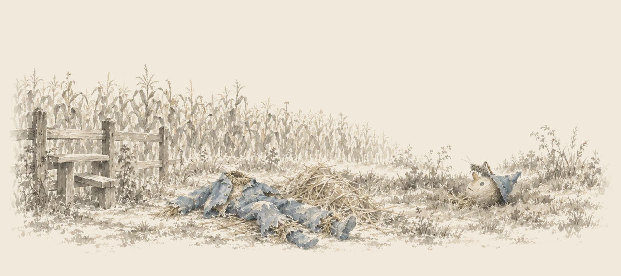 Beside a cornfield and a stile, a worn blue suit and a heap of straw lie on the ground, and the Scarecrow's head lies nearby with a grasshopper on its nose.