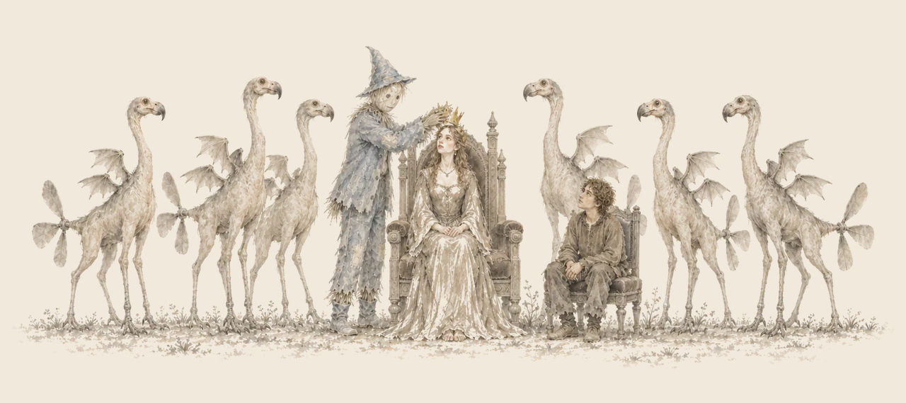 The Scarecrow sets a crown on Princess Gloria on her throne while Pon sits beside her, and a row of tall, bird-like Orks stands on either side.