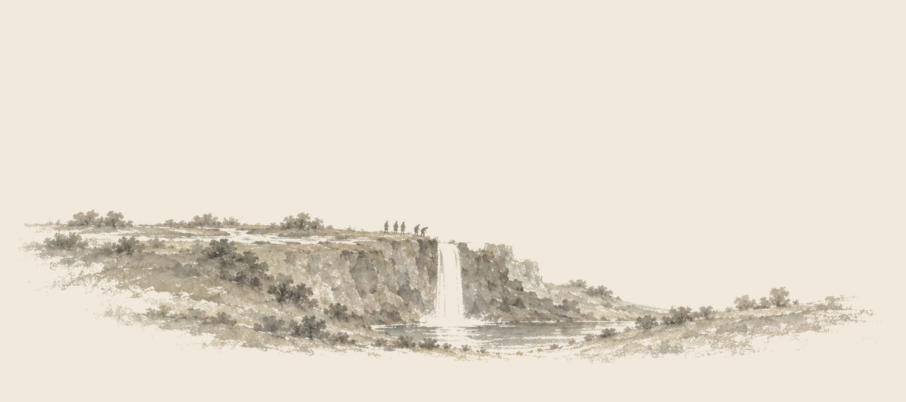 The Great Waterfall drops from a rocky edge into a small lake, with four tiny figures standing at the top, one leaning over the water.
