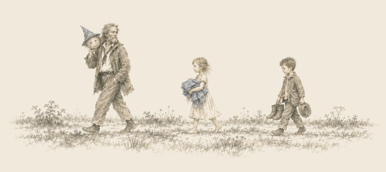 Cap'n Bill carries the Scarecrow's head on his shoulder, followed by Trot with a bundle of blue clothes and Button-Bright with boots and a hat.