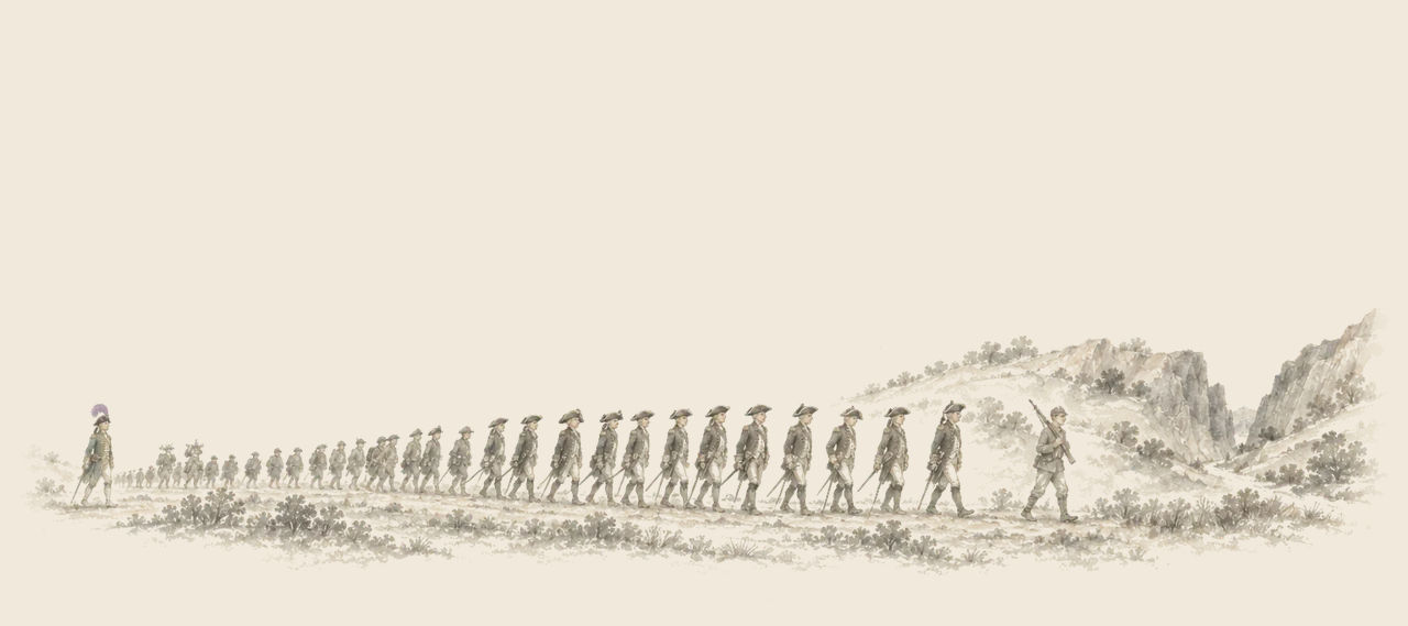 The Army of Oogaboo marches in a long single file toward a narrow mountain pass, a young soldier with a gun at the head and the officers in cocked hats behind.