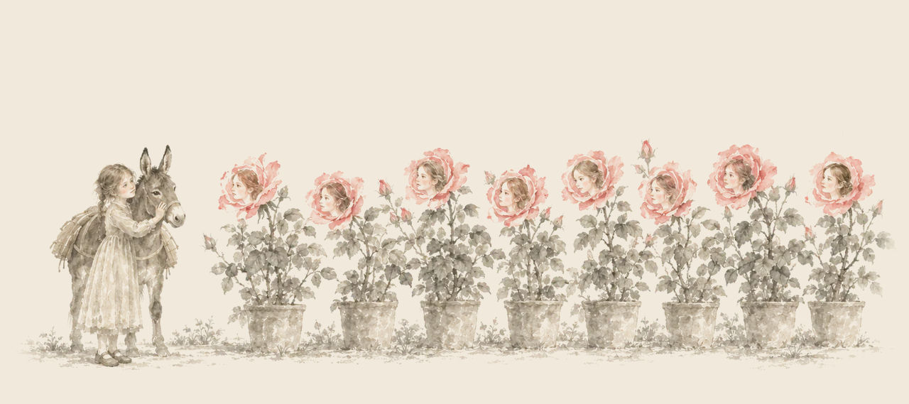 Betsy hugs Hank the Mule at the left, facing a row of potted rosebushes, each with a girl's face in the centre of its largest rose.