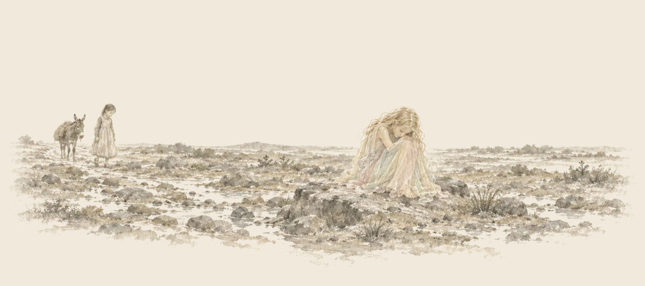 Polychrome crouches on a flat rock in a stony, empty country, her gauzy dress drawn about her, while Betsy and Hank the Mule walk toward her far off.