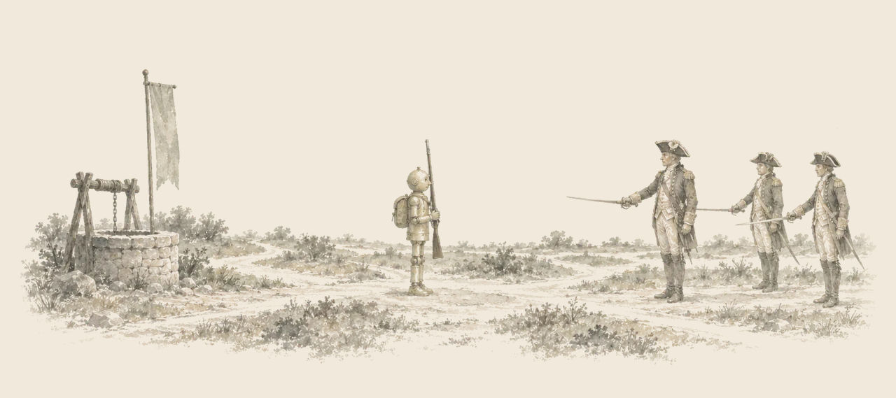 Tik-Tok stands with a gun and a knapsack in a clearing of many paths beside an old well, facing General Apple and two officers with raised swords.