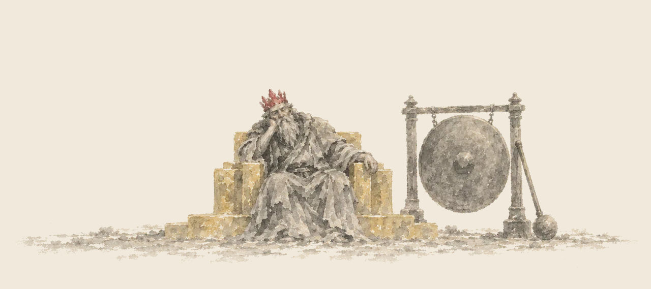 The Nome King nods half asleep on a throne of golden blocks, a red ruby crown on his head, beside a large gong with its beater leaning on the stand.
