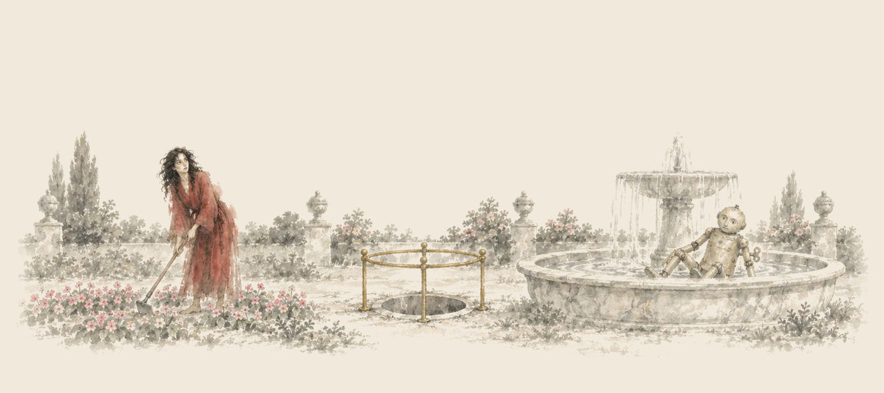 A woman hoes pink violets in a castle garden while Tik-Tok sits in the basin of a marble fountain, with the railed mouth of the Tube between them.