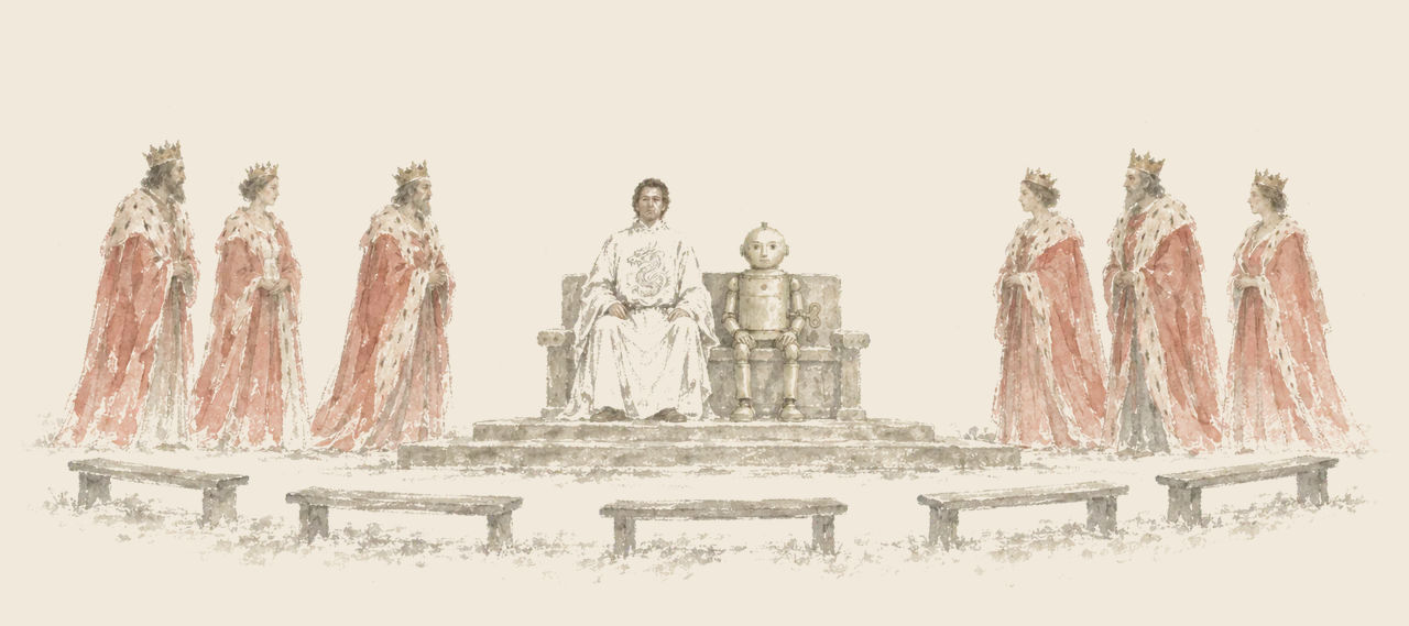 Tititi-Hoochoo and Tik-Tok sit side by side on a throne on a low platform, with six crowned kings and queens in scarlet robes standing on either side.
