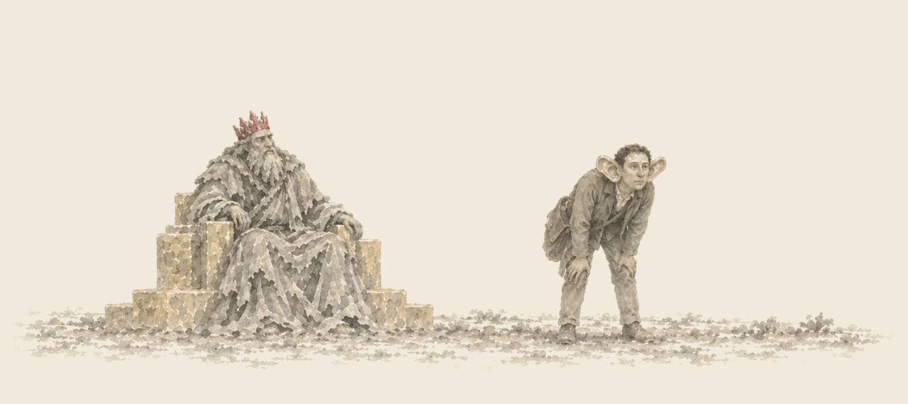 The Long-Eared Hearer bends forward with his huge ears spread to catch every sound, while the Nome King sits upright on his golden throne.