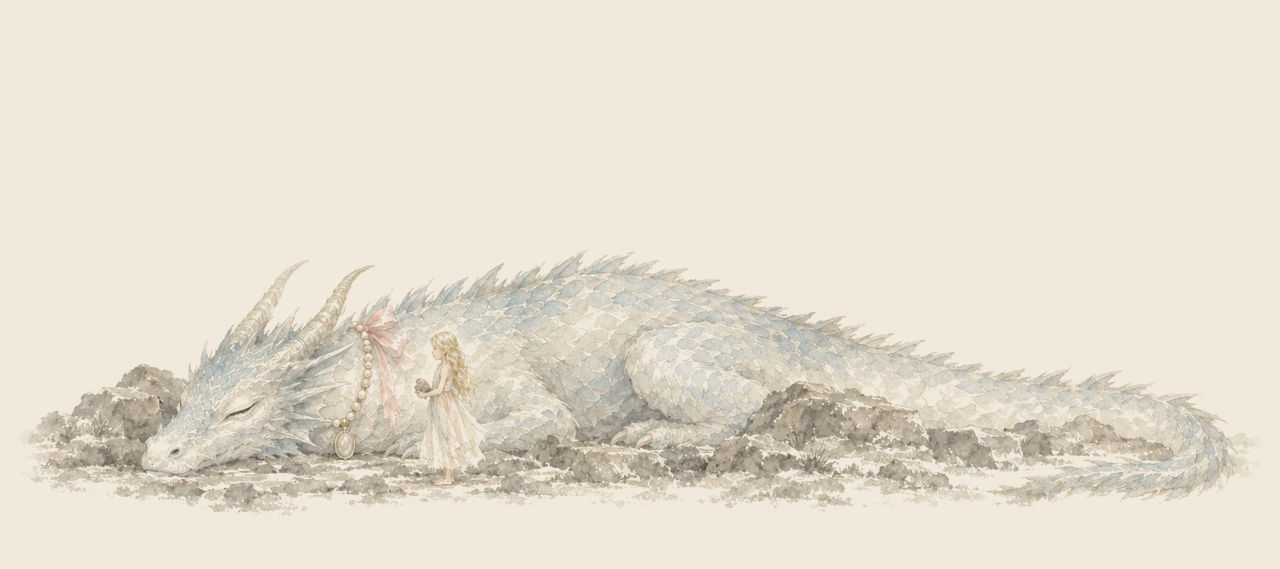 Quox the dragon lies fast asleep along the rocks, his chin on the ground, while Polychrome stands small beside his neck.