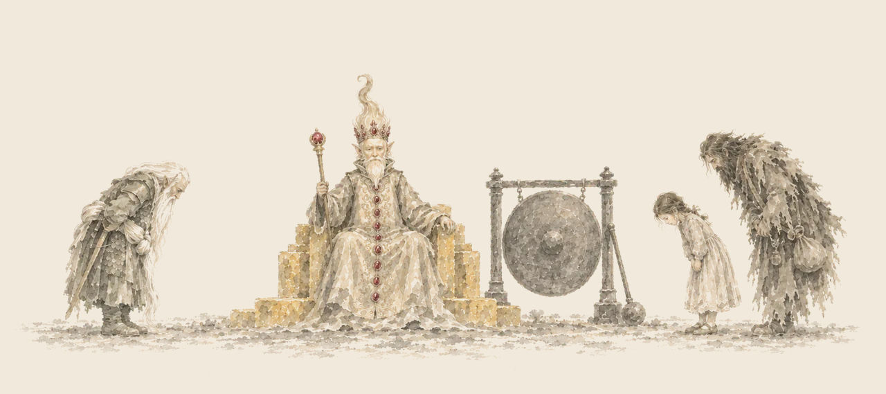 King Kaliko sits crowned on the golden throne with a sceptre beside the gong, while a bowing nome general, Betsy and the Shaggy Man pay their respects.
