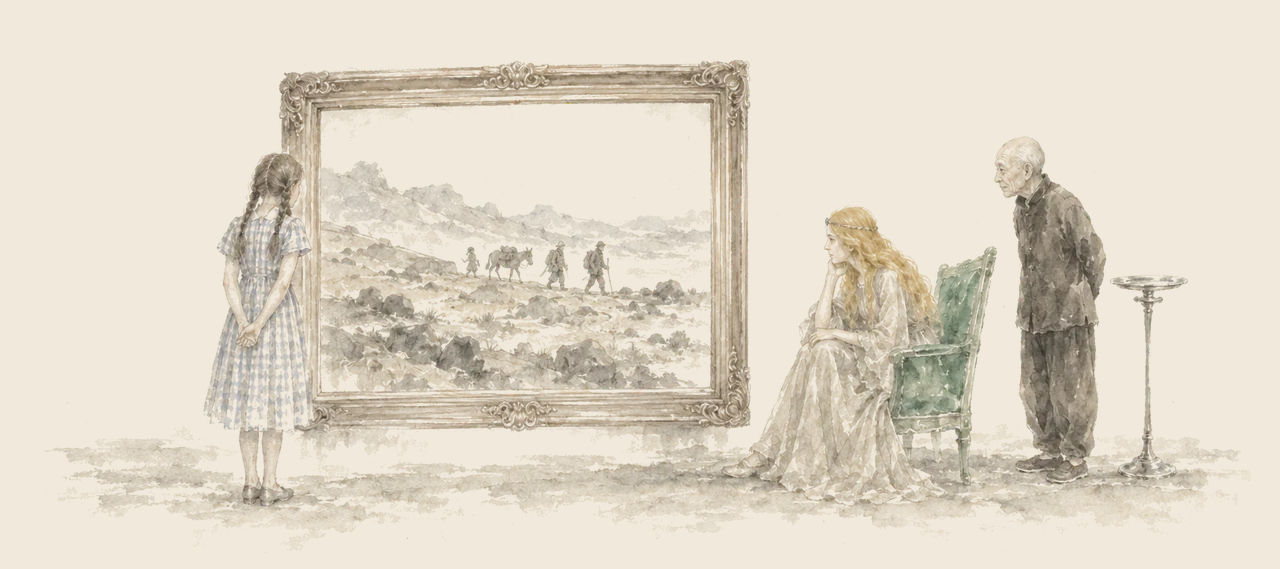 Dorothy stands before the Magic Picture, which shows three travellers and a mule crossing a barren country, while Ozma sits and the Wizard looks on.
