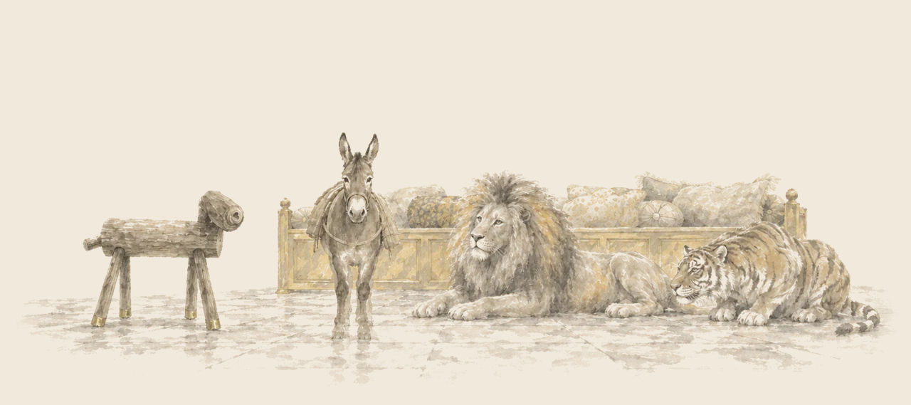 Hank the Mule stands in a marble-floored room while the Sawhorse faces him, and the Cowardly Lion and the Hungry Tiger lie before a couch, looking him over.