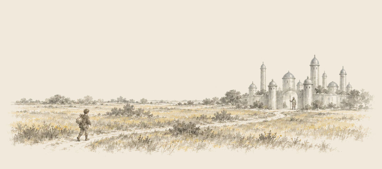 Woot the Wanderer, with a bundle on his back, walks a winding path through open fields toward a domed castle where a guard waits at the gate.
