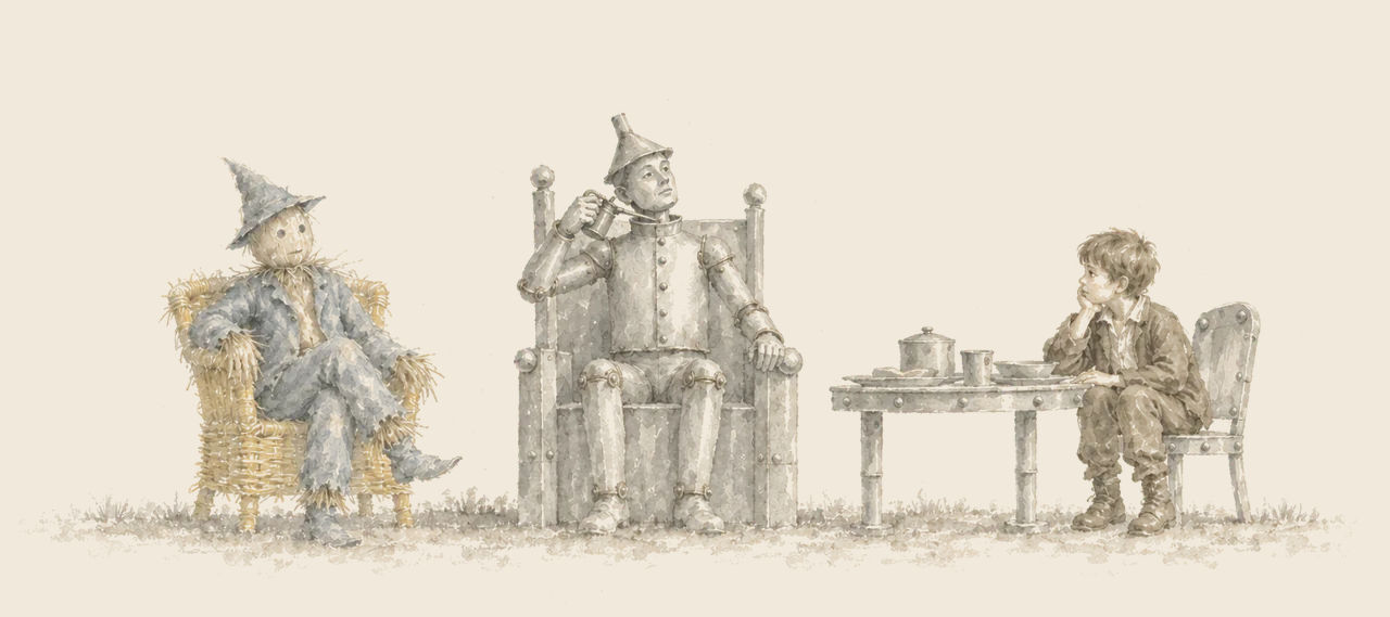 The Tin Woodman sits on a tin throne raising an oil-can to his throat; the Scarecrow sits in a straw chair beside him, and Woot watches from a tin table.