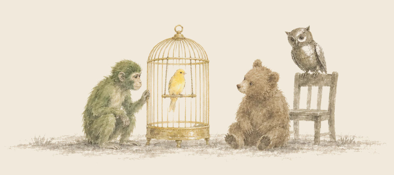 A yellow canary sits on a perch in a golden cage, watched by a green monkey, a little brown bear and a tin owl on the back of a chair.