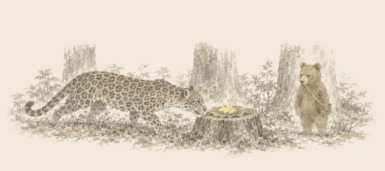 A spotted jaguar creeps toward a tree stump and sniffs a leaf of scrambled eggs on toast, while a little brown bear with a basket stands watching.